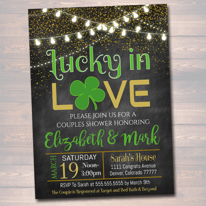Lucky In Love Invitation, Bridal Shower, Bachelorette Party  Invite, St. Patrick's Day, Four Leaf Clover