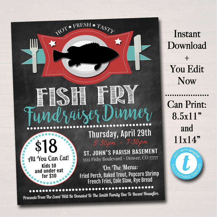 Fish Fry Flyer - Printable PTA PTO Flyer - Lent Friday Fish Fry - DIY Editable Template