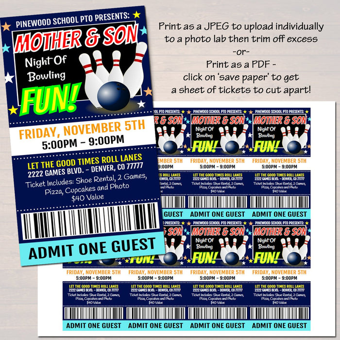 Mother Son Bowling Night Flyer Ticket Set - Editable Template