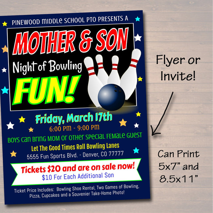 Mother Son Bowling Night Flyer Ticket Set - Editable Template