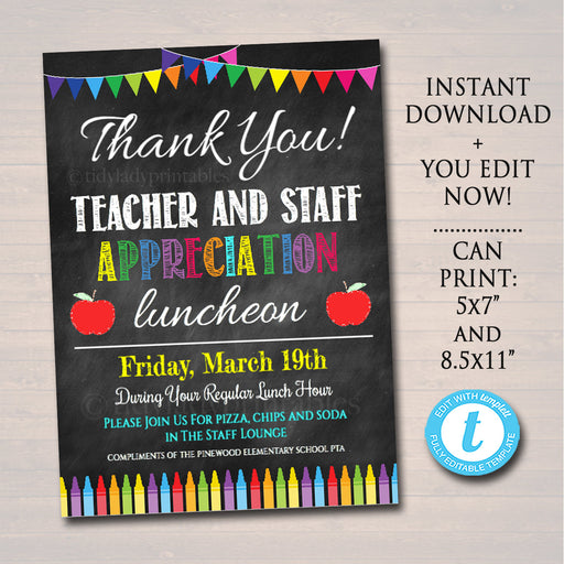 Editable Teacher Appreciation Staff Invitation, Chalkboard Printable, Appreciation Week Invite, Breakfast Luncheon Flyer, INSTANT DOWNLOAD