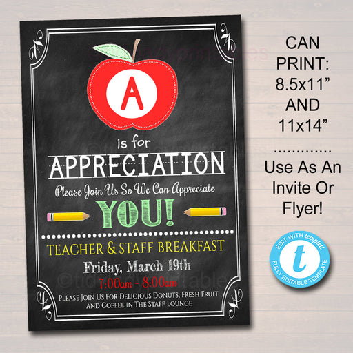 Editable Teacher Appreciation Staff Invitation, Chalkboard Printable, Appreciation Week Invite, Breakfast Luncheon Flyer, INSTANT DOWNLOAD