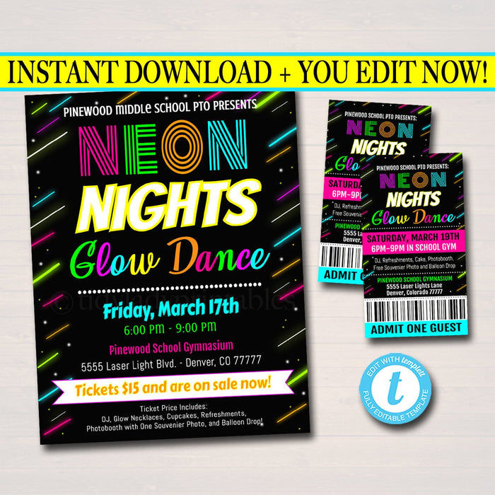 Glow Dance Set School Dance Flyer Party Invite, Church Community Event, Neon Nights High School Dance, pto pta,