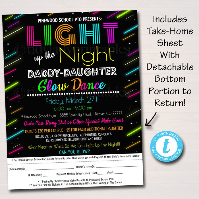Glow Dance Set, Printable School Dance Flyer Party Invite, Church Community Event, Daddy Daughter Dance, pto pta,
