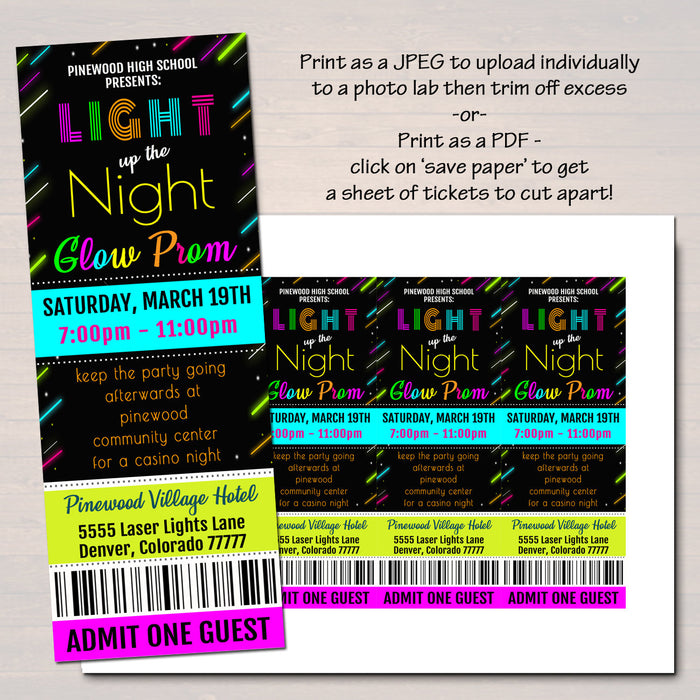 Prom Ticket/Invite Flyer Set School Dance  Invite, Neon Glow in The Dark, High School Dance Event, pto, pta