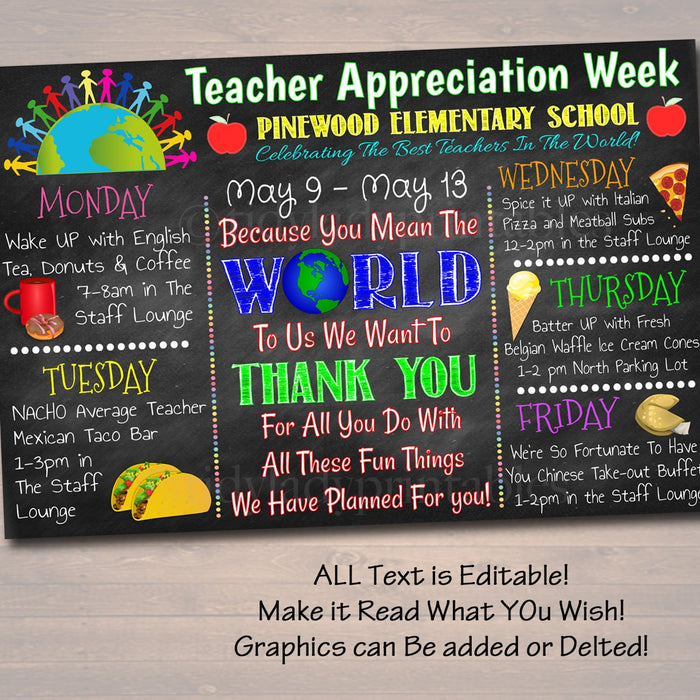 EDITABLE World Theme Teacher Appreciation Week Itinerary Poster Digital Week Schedule Events, INSTANT DOWNLOAD pto pta Fundraiser Printables