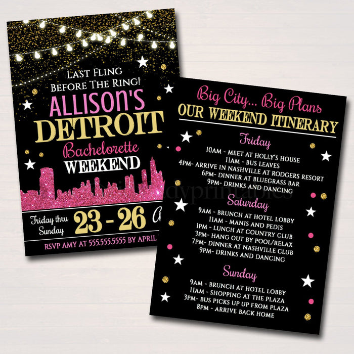 ANY CITY  Bachelorette Party Invitation, Detroit, Chicago Glitter Pink Gold, City Skyline Girls Weekend Itinerary,