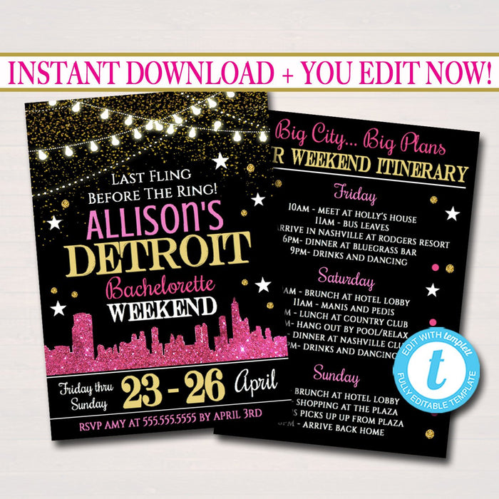 ANY CITY  Bachelorette Party Invitation, Detroit, Chicago Glitter Pink Gold, City Skyline Girls Weekend Itinerary,