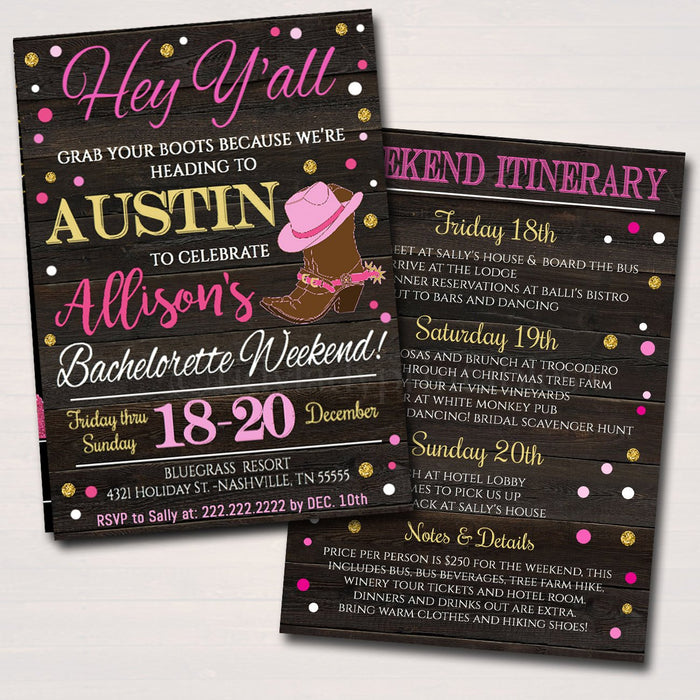 Austin Texas Bachelorette Party Invitation, Dallas, Country Party Invite, Cowgirl Boots Country Weekend Itinerary