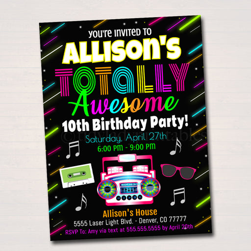 EDITABLE 80's Birthday Invitation, Neon Glow Birthday Digital, Retro 1980's Theme Invite, I love The 80's Totally Rad Party INSTANT DOWNLOAD