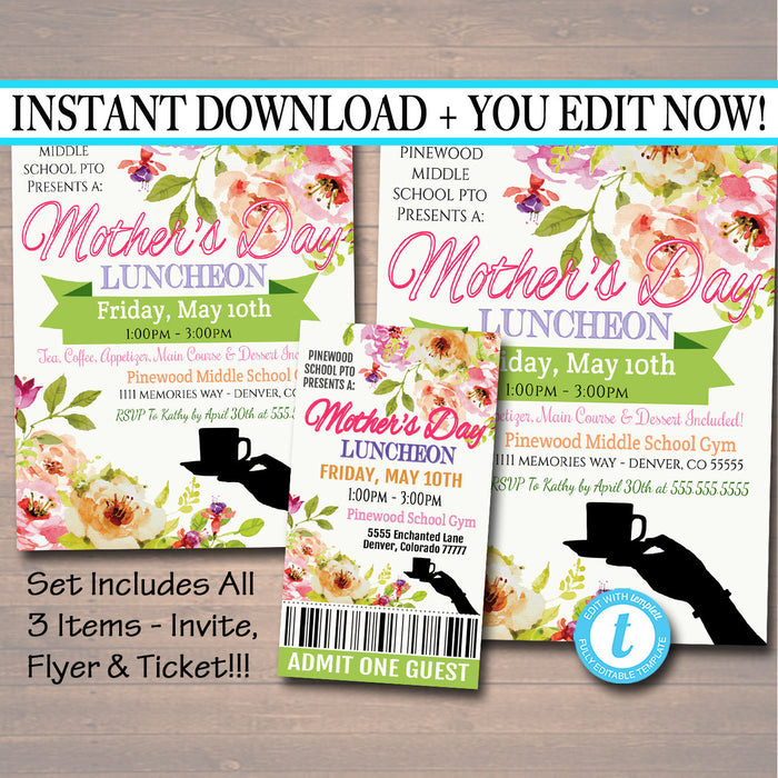 Mother's Day Luncheon School Flyer Party Invite With Tickets - Editable Template