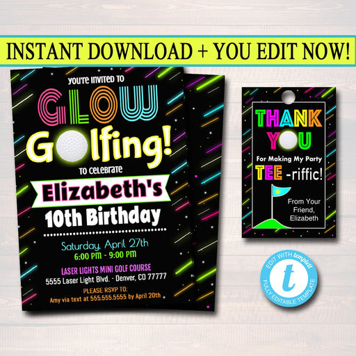 EDITABLE Glow Golfing Birthday Invitation, Mini Golf Neon Invite Birthday Digital Invite Gow in Dark Thank You Party Tags INSTANT DOWNLOAD