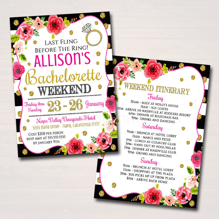 Bachelorette Party Invitation With Itinerary, Girls Weekend Party Invite, Watercolor Floral, Gold Glitter Stripes,