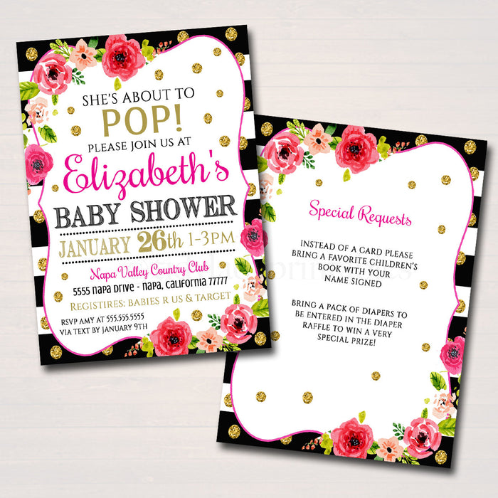 EDITABLE Baby Shower Invitation, She's About to Pop Baby Sprinkle Party Invite, Watercolor Floral, Gold Glitter Stripes, INSTANT DOWNLOAD
