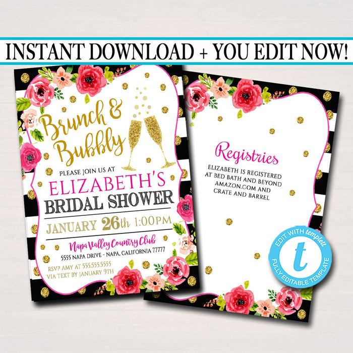 Bridal Shower Invitation, Brunch and Bubbly Ladies Invite, Girl's Brunch, Watercolor Floral, Gold Glitter Stripes,