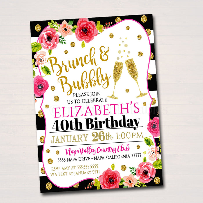 Brunch and Bubbly Ladies Invite, 40th Birthday, 30th Bday, Girl's Brunch, Watercolor Floral, Gold Glitter Stripes,