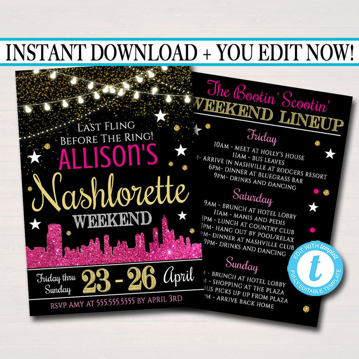 Nashville Tennessee Bachelorette Party Invitation, Nashlorette Party Invite City Skyline Country Weekend Itinerary
