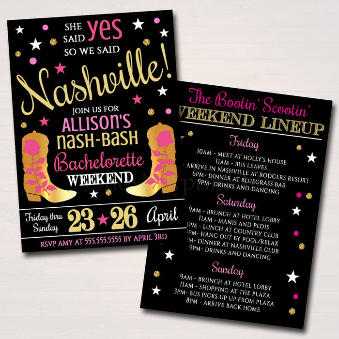 Nashville Tennessee Bachelorette Party Invitation, Nash Bash Party Invite, Cowgirl Boots Country Weekend Itinerary