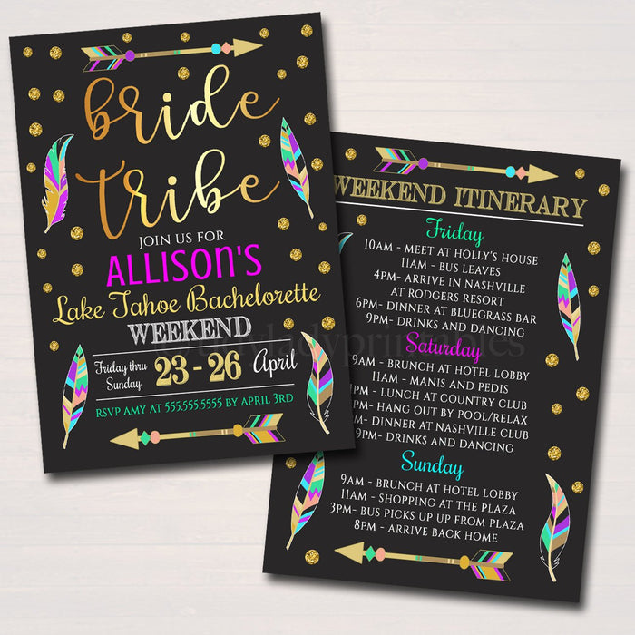 Bride Tribe Bachelorette Party Invitation With Itinerary, Girls Weekend Party Invite, Arrows Feathers Gold Glitter