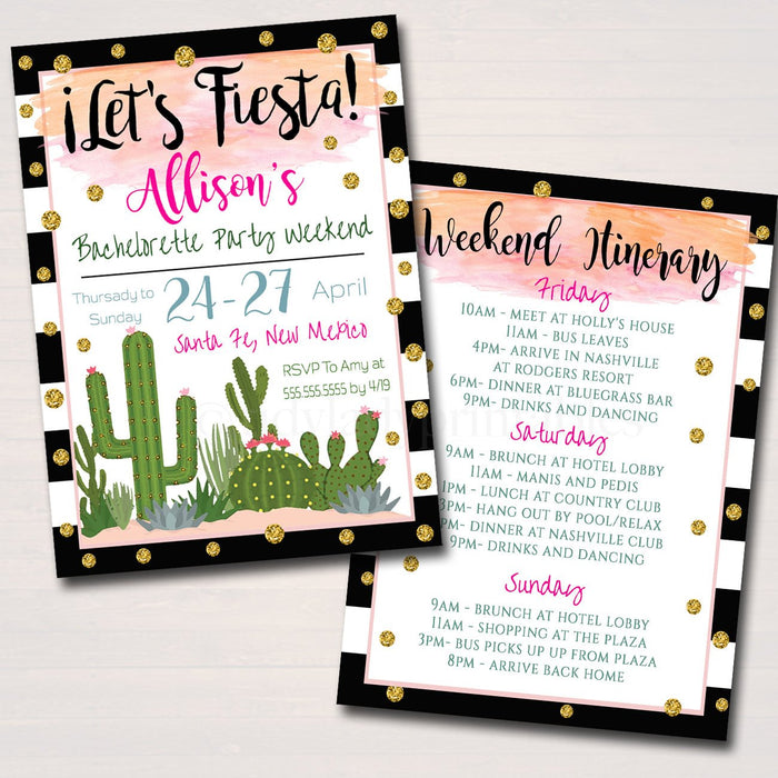 Fiesta Bachelorette Party Invitation With Itinerary, Girls Weekend Party Invite, Desert Cactus Boho Gold Glitter