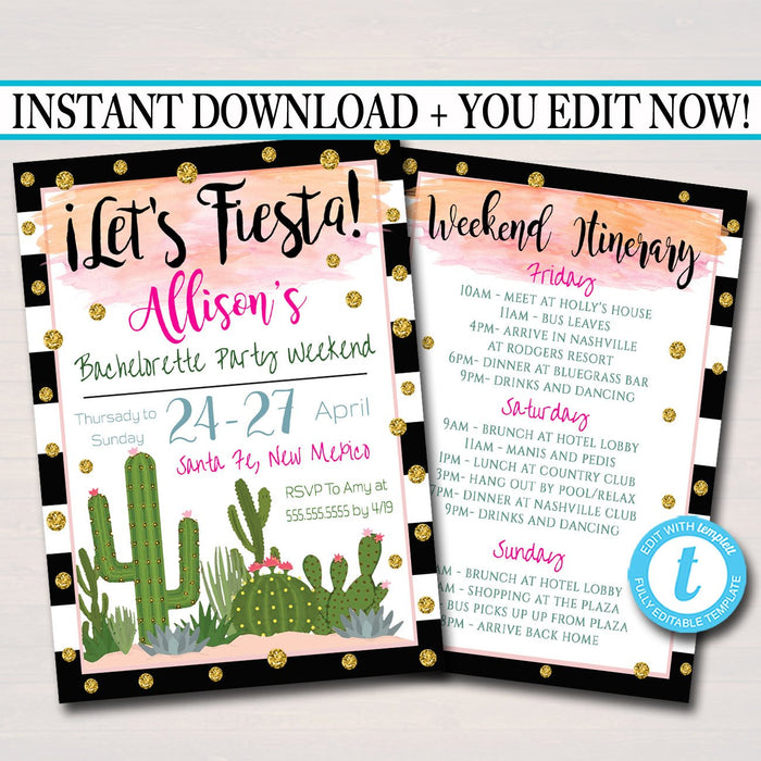 Fiesta Bachelorette Party Invitation With Itinerary, Girls Weekend Party Invite, Desert Cactus Boho Gold Glitter