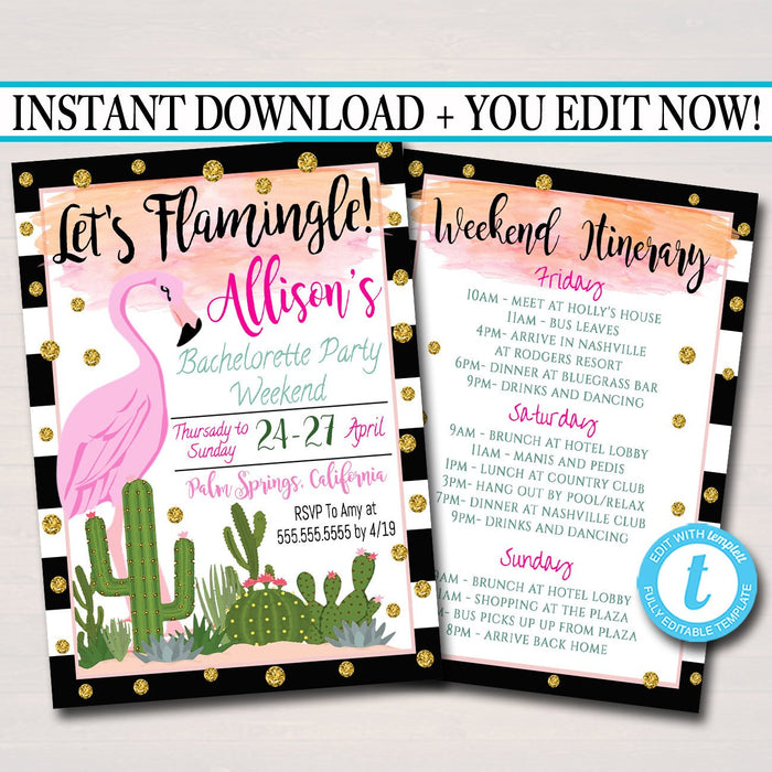 Flamingle Bachelorette Party Invitation With Itinerary, Girls Weekend Party Invite, Flamingo Cactus Palm Springs,