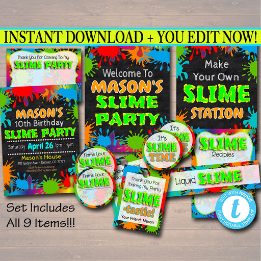 HUGE EDITABLE Slime Party Pack, Birthday Invitation, Slime Mad Scientist Kids Party, Digital Printables Boy's Slime Party, Instant Download