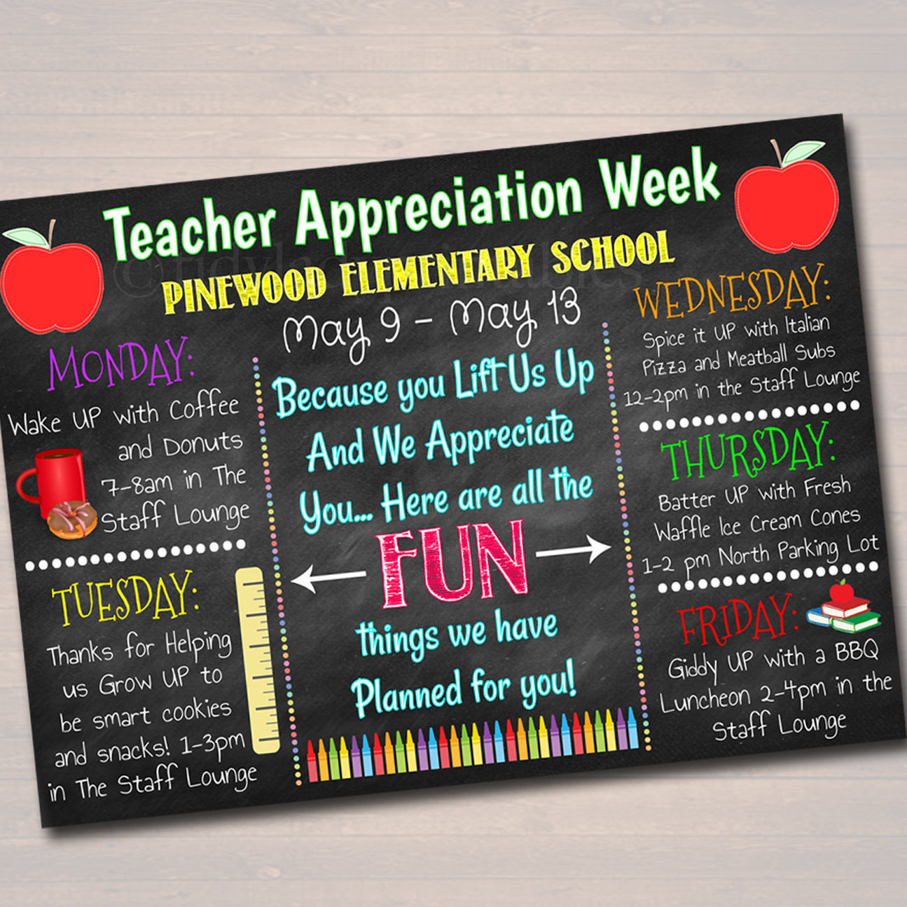 Lift Us Up Theme Teacher Appreciation Week Events Printable — TidyLady ...