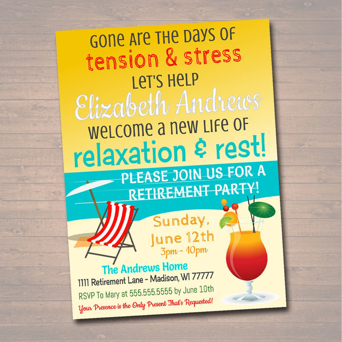 Beach Retirement Invitation Tropical Printable  Teacher, Nurse, Staff Invite Retirement Surprise Party,