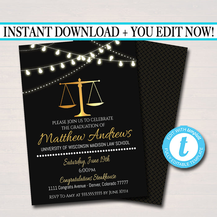 Law School Graduation Invitation Printable, Law Degree College Graduate Grad Dinner Party Invite Lawyer, Attorney