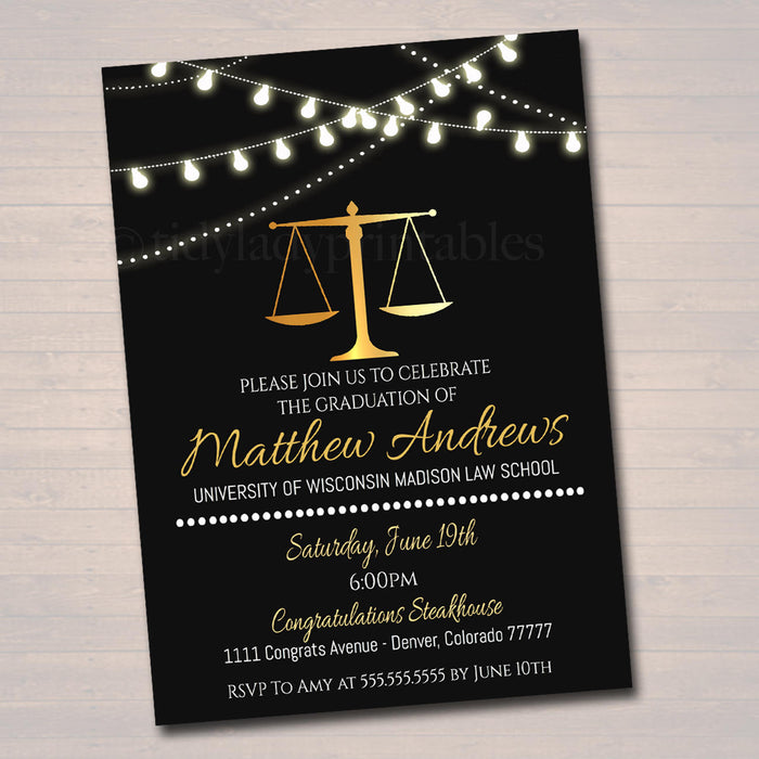 Law School Graduation Invitation Printable, Law Degree College Graduate Grad Dinner Party Invite Lawyer, Attorney