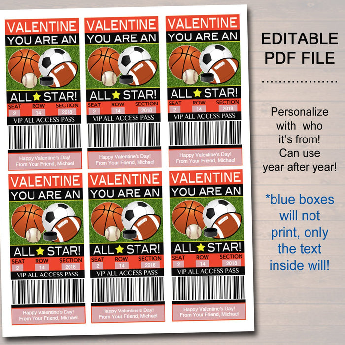 EDITABLE Sports Ticket Valentine's Day Cards, INSTANT DOWNLOAD, Printable Kids Valentine, Boy School Classroom Valentine, You're an All Star