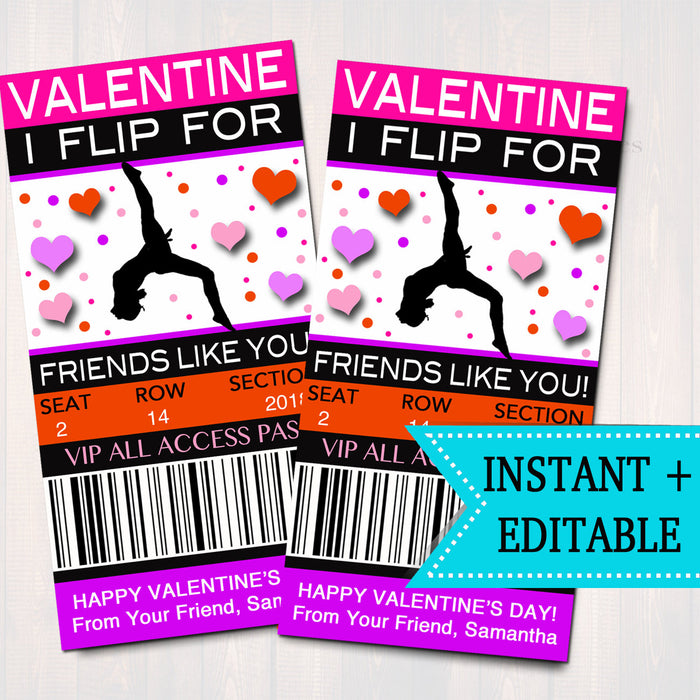EDITABLE Gymnastics Ticket Valentine's Day Cards, INSTANT DOWNLOAD, Printable Kids Valentine, Girl Classroom Valentine, I Flip For Friends