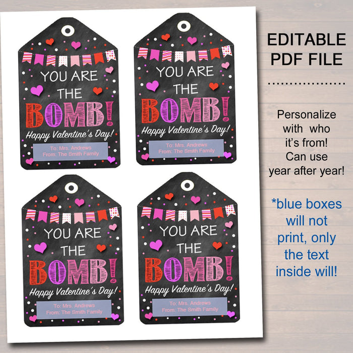 EDITABLE You're The Bomb Valentine's Day Gift Tags, Staff Teacher Volunteer Gift, Holiday Printable, You're The Bomb! INSTANT DOWNLOAD