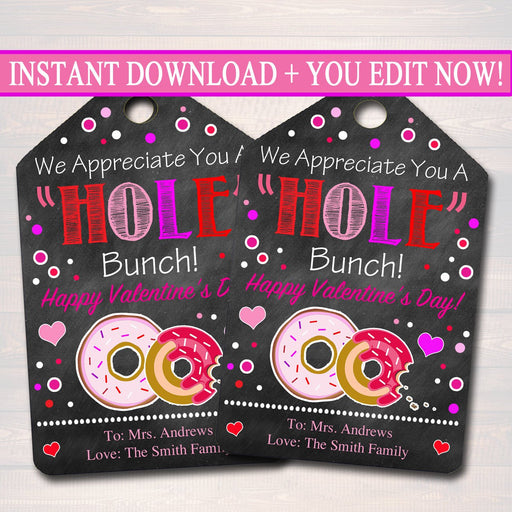 EDITABLE Valentine's Day Donut Gift Tags, Staff Teacher Volunteer Appreciation Gift, Donut Hole Gift Tag, Thanks a Latte INSTANT DOWNLOAD