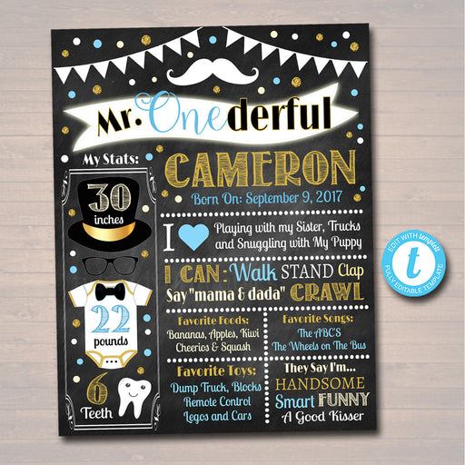 EDITABLE Mr. Onederful Birthday Chalkboard Poster, First Birthday Chalkboard Poster, Little Man Mustache Party, Printable INSTANT DOWNLOAD