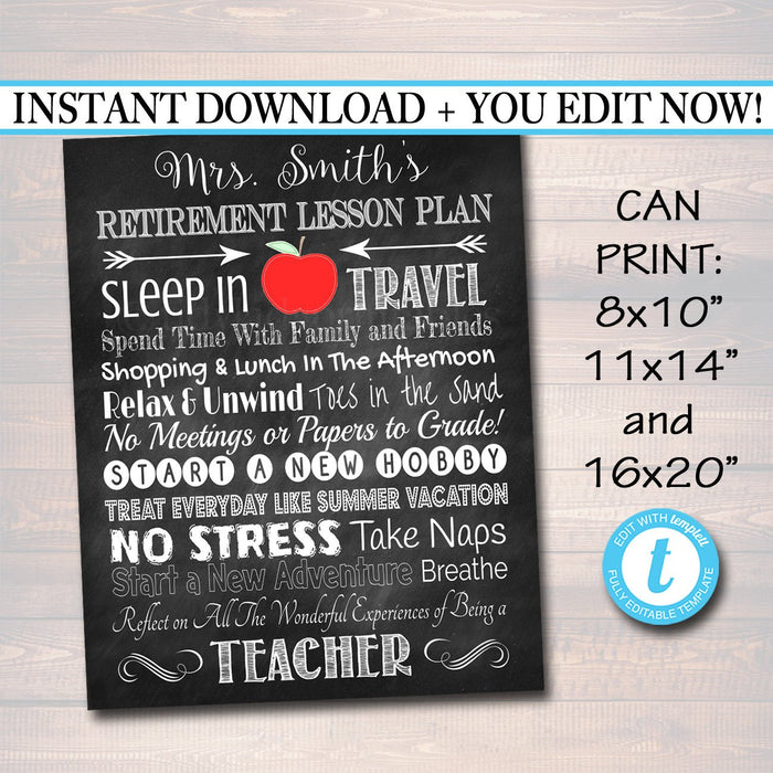 Teacher Retirement Gift, Chalkboard Printable Teacher Poster Sign, Retirement Gift, Teacher Lesson Plan, Teacher Appreciation Gifts