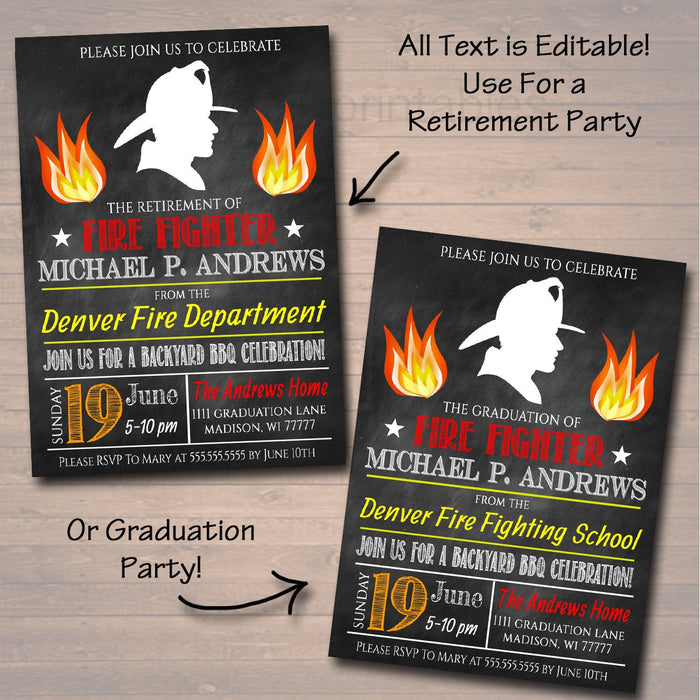 Fire Fighter Graduation Invitation Chalkboard Printable  College Grad Invite, Retirement Party Fireman Department BBQ Invite