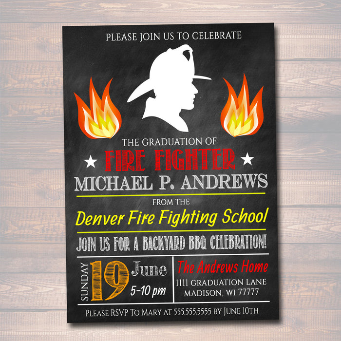 Fire Fighter Graduation Invitation Chalkboard Printable  College Grad Invite, Retirement Party Fireman Department BBQ Invite