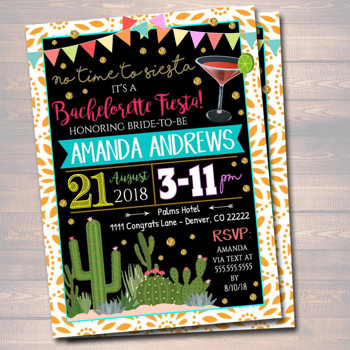 Fiesta Bachelorette Party Invitation Cinco De Mayo, Girls Weekend Party Invite, Desert Cactus Boho Gold Glitter