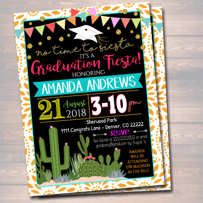 Fiesta Graduation Invitation, Chalkboard Printable College Graduate High School Senior Graduate No Time To Siesta,