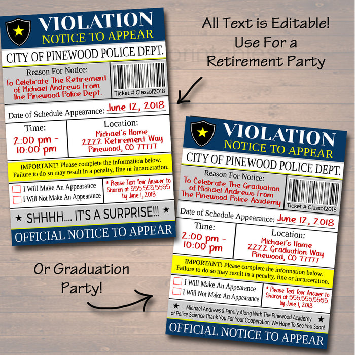 Police Academy Graduation Invitation Violation Ticket Printable  College Grad Invite, Retirement Party, Cop Detective Invite