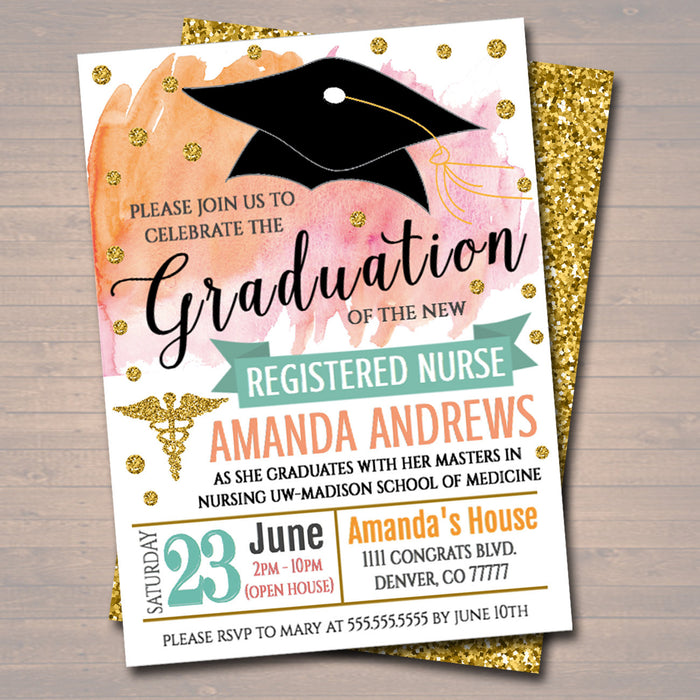 Medical Graduation Invitation Watercolor Printable Woman Female Professional, Nurse College Graduate Party Invite