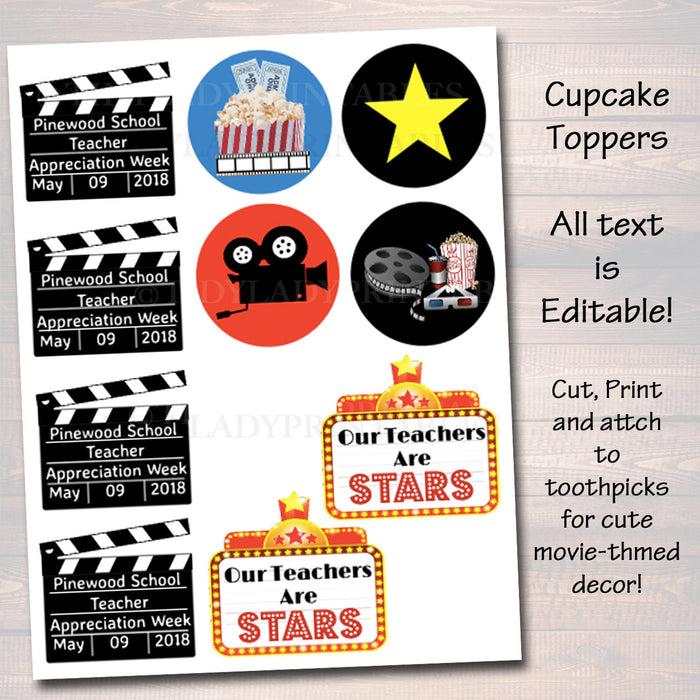 EDITABLE Teacher Appreciation Movie Themed Decor, Digital Files, Cinema Movie Star Themed Week School Events, INSTANT DOWNLOAD Printables