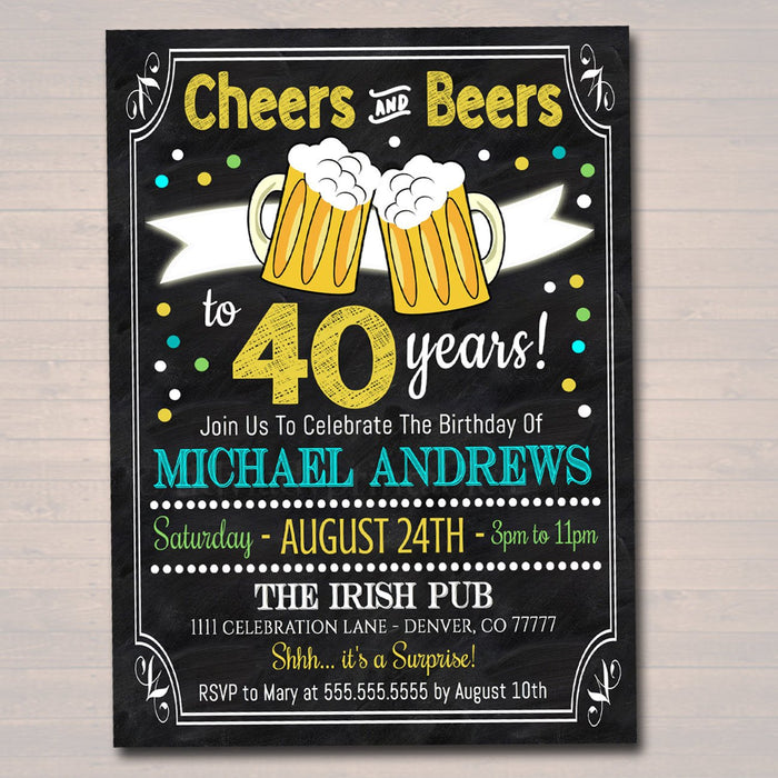 Cheers and Beers Party Invitation, ANY AGE Birthday Printable Invite, Cheers to 30, 40 Years, 50 Years  Anniversary Invite