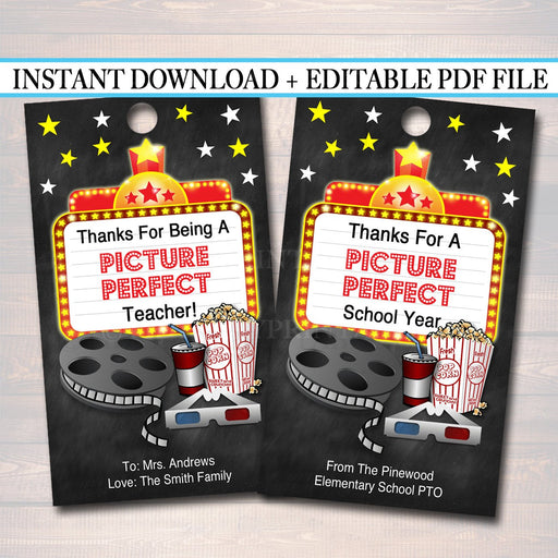 EDITABLE Movie Theme Favor Tags, End of School Year Gift, INSTANT DOWNLOAD, Printable Teacher Appreciation Week Labels, Hollywood Bday Party