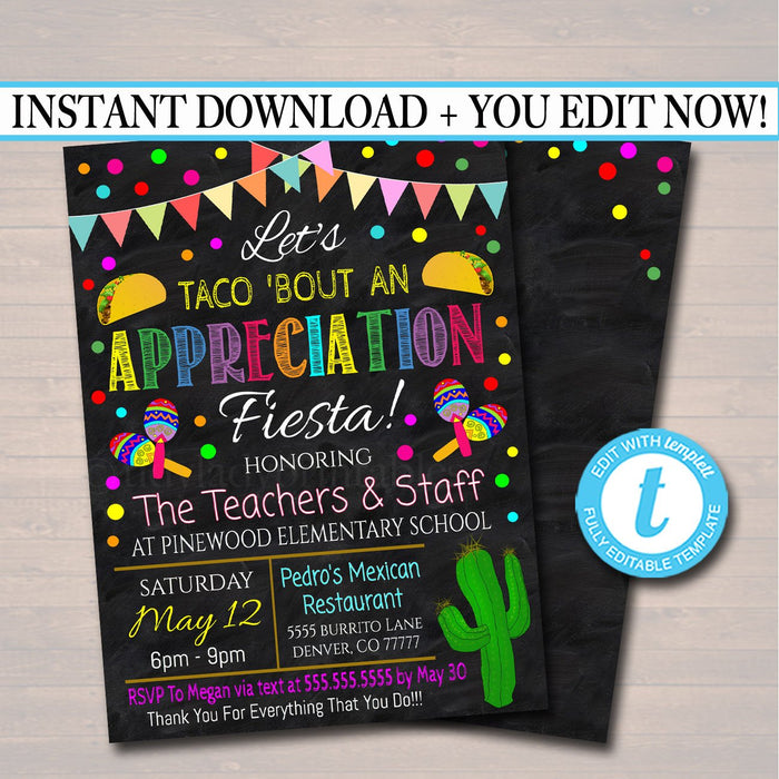 Editable Fiesta Invite Teacher Appreciation Staff Invitation Chalkboard Printable Appreciation Week Invite, Luncheon Flyer, INSTANT DOWNLOAD