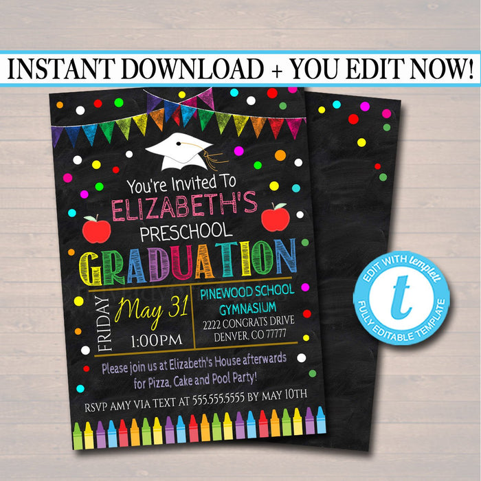 Graduation Invitation Chalkboard Printable Kindergarten Preschool Pre K Graduate School Graduation Ceremony Invite