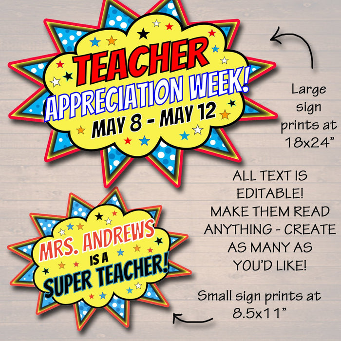 EDITABLE Teacher Appreciation Superhero Themed Decor, Digital Files, Super Hero Star Themed Week School Events, INSTANT DOWNLOAD Printables
