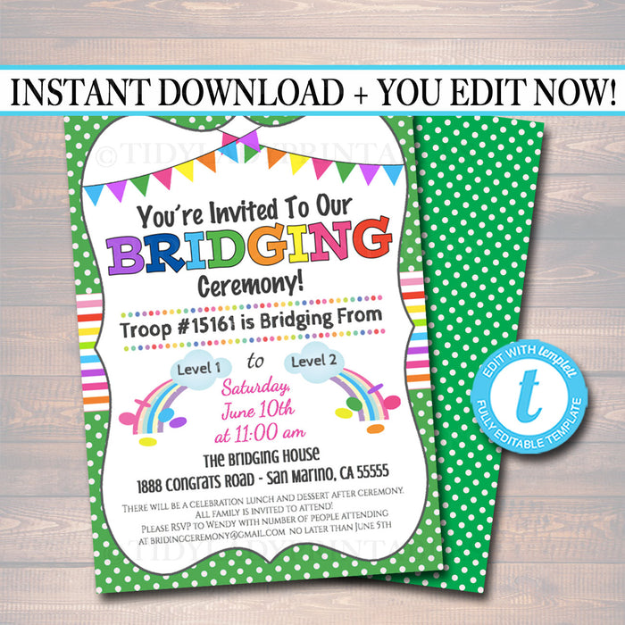 Bridging Invitation INSTANT + EDITABLE template Bridging From Daisies to Brownies to Juniors Troop Bridging Ceremony, Girl Scout Printable